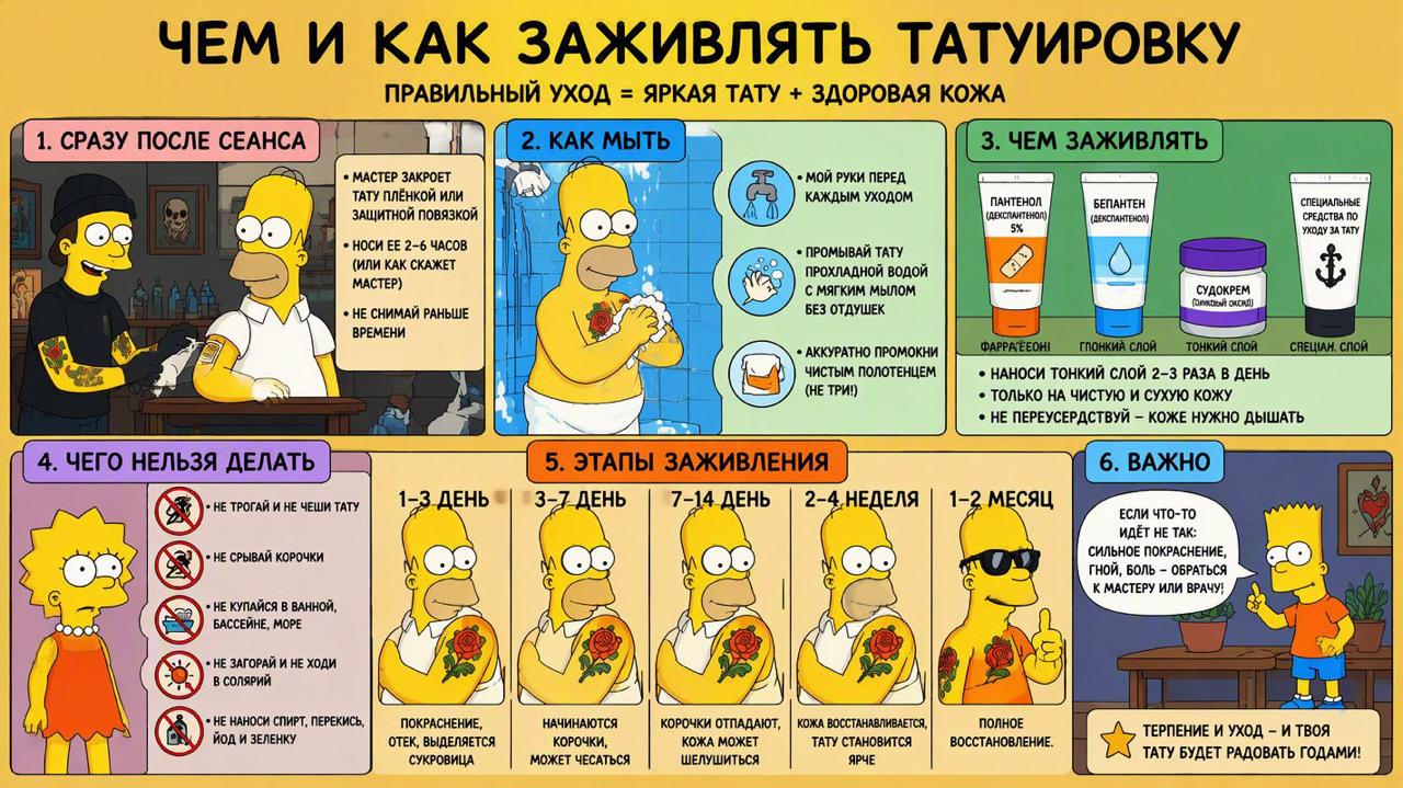 Памятка «Чем и как заживлять татуировку» в стиле Симпсонов: сразу после сеанса, как мыть, чем заживлять, чего нельзя, этапы заживления по дням